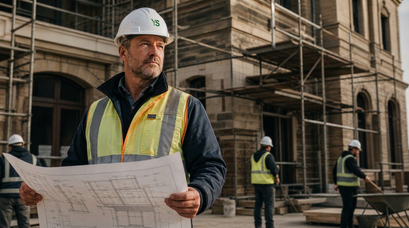 Bauleiter mit Bauplan koordiniert Sanierungsarbeiten auf der Baustelle
